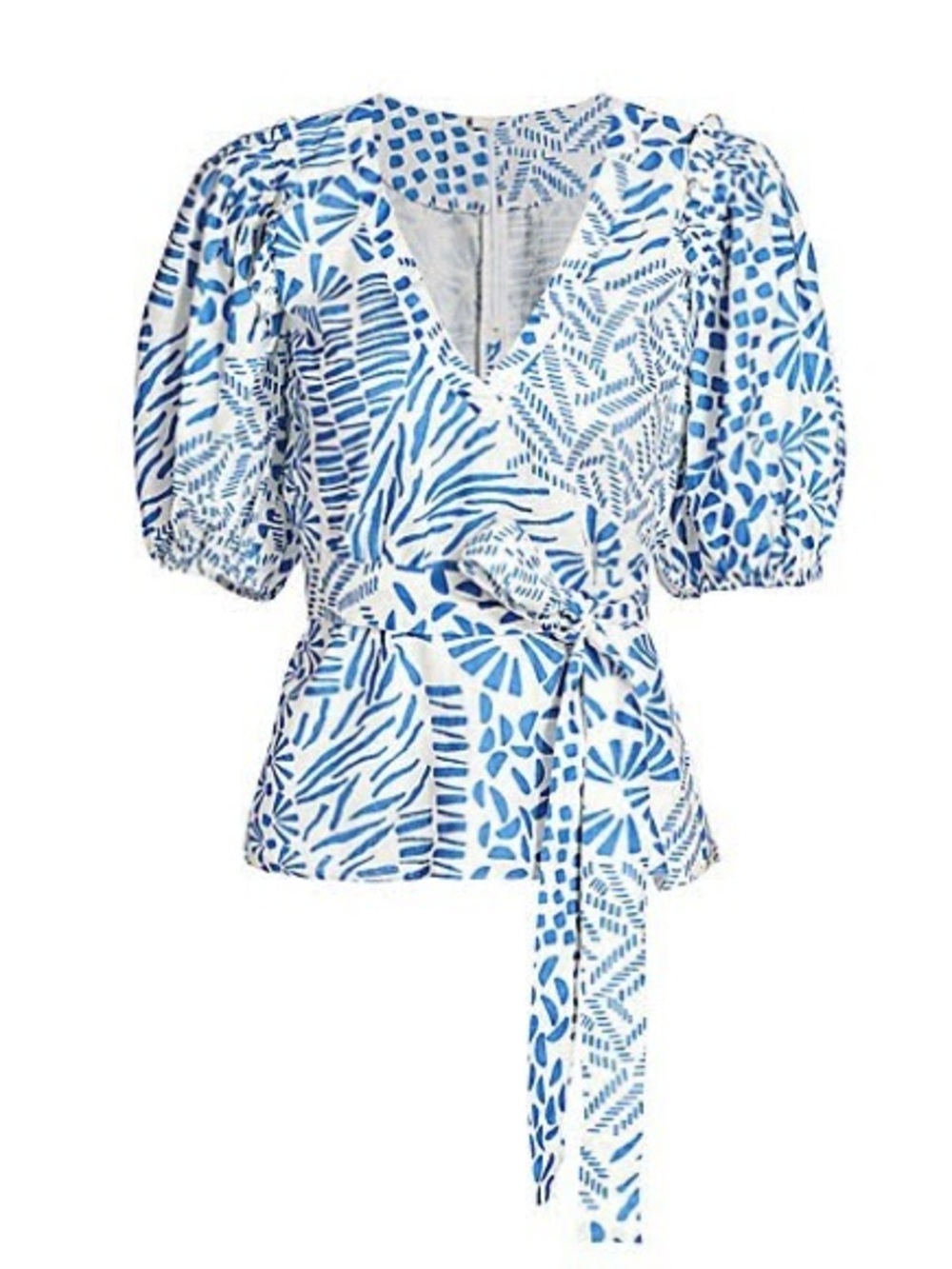 Alexis Warri Blue & White Puff Sleeve Wrap Printed Top